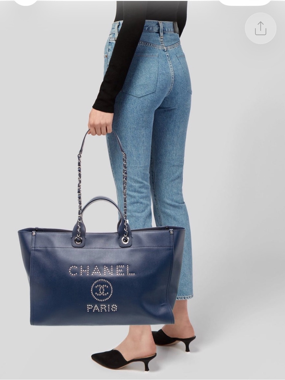 CHANEL Navy Leather Tote with Studded Logo